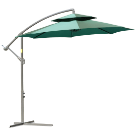 Outsunny 2.7m Garden Banana Parasol Cantilever Umbrella with Crank Handle Double Tier Canopy and Cross Base for Outdoor Hanging Sun Shade Green