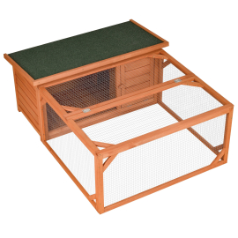PawHut Rabbit Hutch Small Animal Guinea Pig House Off-ground Ferret Bunny Cage Backyard with Openable Main House & Run Roof 125.5x100x49cm Orange