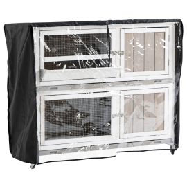 PawHut Wooden Rabbit Hutch Two-Tier Guinea Pig Cage Elevated Multi-Door Pet House Bunny Cage w-Rain Cover Wheels Slide-Out Tray Grey