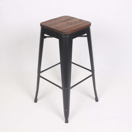 Borrello B1974 Tolix Style Metal Bar Stool in Black with Solid Elm Wood Seat. Pack of 4.