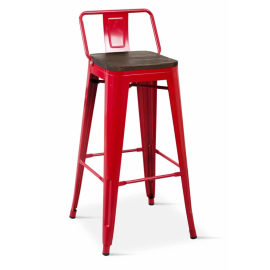 Borrello B1983 Tolix Style Metal Bar Stool in Red with Low Backrest & Solid Elmwood Seat pad. Pack of 4.