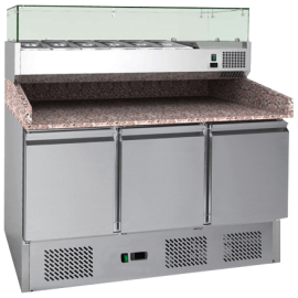 King KP14.HD 1.4m 3 Door Refrigerated Pizza Prep Counter Fridge with Topping Unit Included