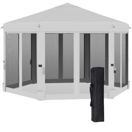 Outsunny 3.2m Pop Up Gazebo Hexagonal Canopy Tent Outdoor Sun Protection with Mesh Sidewalls Handy Bag Light Grey