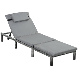 Outsunny Garden Outdoor Rattan Furniture Patio Sun Lounger Recliner Reclining Chair Bed Fire Resistant Sponge Grey
