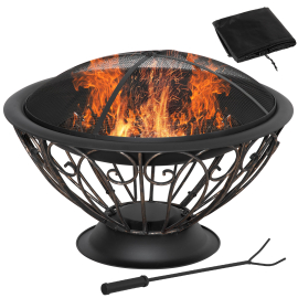 Outsunny Outdoor Fire Pit for Garden Metal Fire Bowl Fireplace with Spark Screen Poker Log Grate and Rainproof Cover Patio Heater Bronze