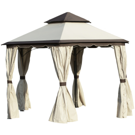 Outsunny 3.4m Steel Gazebo Canopy Party Tent Garden Pavilion Patio Shelter with Curtains & 2 Tier Roof Beige