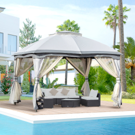 Outsunny 3.7x3(m) Metal Gazebo Canopy Party Tent Garden Patio Shelter with Netting Sidewalls & Double Tiered Roof Grey