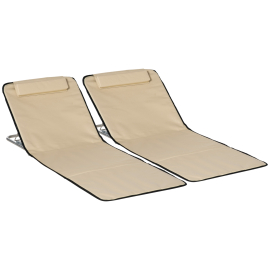 Outsunny Set of 2 Foldable Garden Beach Chair Mat Lightweight Outdoor Sun Lounger Seats Adjustable Back Metal Frame PE Fabric Head Pillow Beige