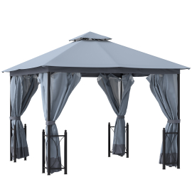 Outsunny 4x3.35(m) Patio Metal Gazebo Canopy Garden Tent Sun Shade Outdoor Shelter with 2 Tier Roof Netting and Curtains Steel Frame Grey