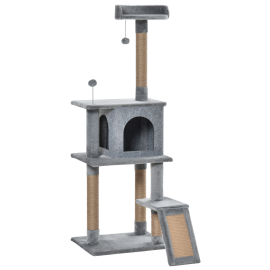 PawHut Cat Tree Tower 142cm Climbing Kitten Activity Center with Jute Scratching Post Board Perch Roomy Condo Removable Felt Hanging Toy Grey