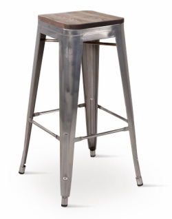 Borrello B1976 Tolix Style Metal Bar Stool in Gunmetal Steel with Solid Elm Wood Seat. Pack of 4.