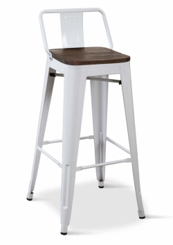 Borrello B1985 Tolix Style Metal Bar Stool in White with Low Backrest & Solid Elmwood Seat pad. Pack of 4.