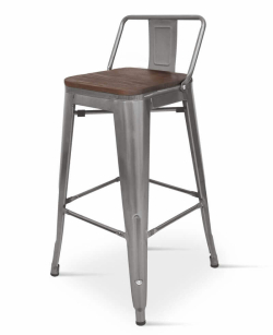 Borrello B1986 Tolix Style Metal Bar Stool in Gunmetal Steel with Low Backrest & Solid Elmwood Seat pad. Pack of 4.