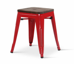 Borrello B1991 Tolix Style Metal Low Height Stool in Red with Solid Elmwood Seat pad. Pack of 4.