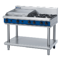 Commercial 4 Burner Gas Cooktop with Griddle | Open Burner Gas Range | 1200mm LPG Cooking Station | Blue Seal Evolution G518B-LS/L