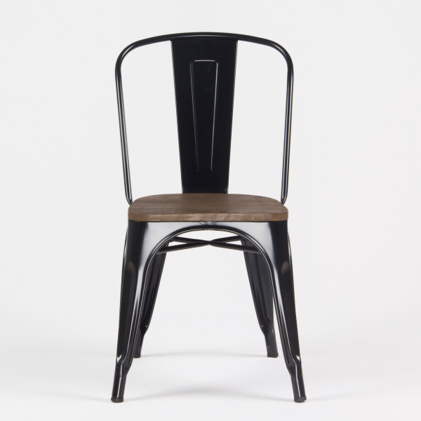 Borrello B1965 Tolix Style Metal Side Chair in Black with Solid Elm Wood Seat. Pack of 4.