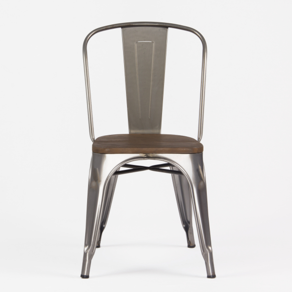 Borrello B1967 Tolix Style Metal Side Chair in Gunmetal Steel with Solid Elm Wood Seat. Pack of 4.