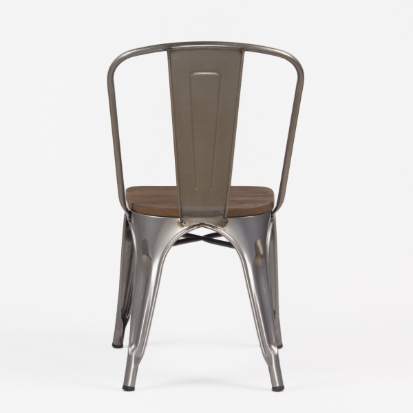 Borrello B1967 Tolix Style Metal Side Chair in Gunmetal Steel with Solid Elm Wood Seat. Pack of 4.