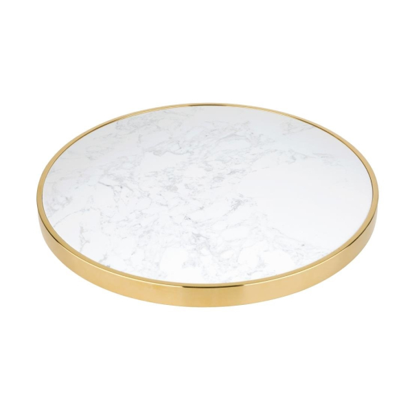 Bolero Round Marble Table Top with Brass Effect Rim White 600mm CY968