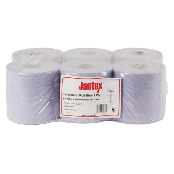 Jantex Blue Centrefeed Rolls 1ply 6 Pack GD833