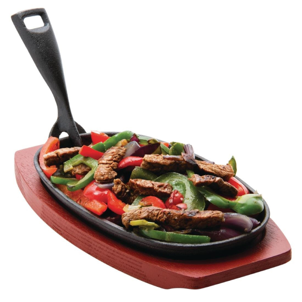 Olympia Cast Iron Oval Sizzler with Wooden Stand 240mm x6 SA290