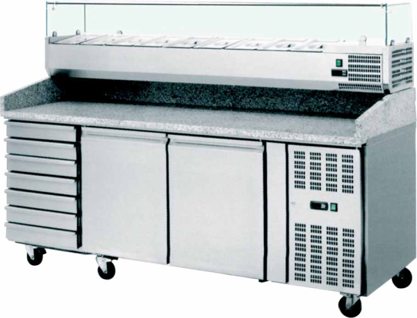 King LPP9.HD 2m Refrigerated Pizza Prep Counter with 2 Doors + 7 Drawers and Granite Top