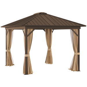Outsunny 3.6x3(m) Outdoor Hardtop Gazebo Metal Roof Patio Gazebo with Aluminum Frame Mesh Nettings Curtains & Roomy Interior Space Brown