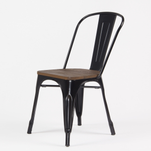 Borrello B1965 Tolix Style Metal Side Chair in Black with Solid Elm Wood Seat. Pack of 4.