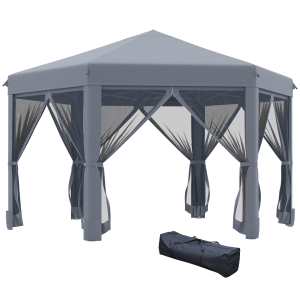Outsunny 3.2m Pop Up Gazebo Hexagonal Canopy Tent Outdoor Sun Protection with Mesh Sidewalls Handy Bag Grey