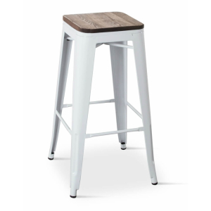 Borrello B1975 Tolix Style Metal Bar Stool in White with Solid Elm Wood Seat. Pack of 4.