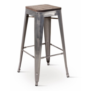 Borrello B1976 Tolix Style Metal Bar Stool in Gunmetal Steel with Solid Elm Wood Seat. Pack of 4.