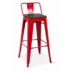 Borrello B1983 Tolix Style Metal Bar Stool in Red with Low Backrest & Solid Elmwood Seat pad. Pack of 4.