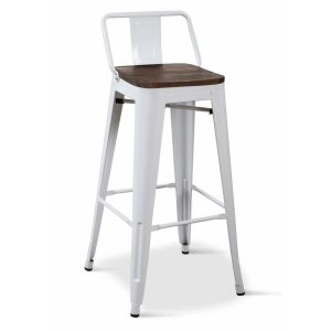 Borrello B1985 Tolix Style Metal Bar Stool in White with Low Backrest & Solid Elmwood Seat pad. Pack of 4.