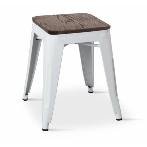Borrello B1993 Tolix Style Metal Low Height Stool in White with Solid Elmwood Seat pad. Pack of 4.