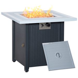 Outsunny Square Propane Gas Fire Pit Table 40000 BTU Rattan Smokeless Firepit Patio Heater with Lava Rocks and Lid 71cmx71cmx62cm Black