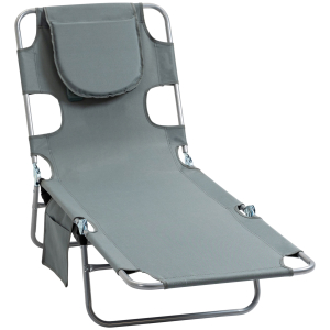Outsunny Beach Chaise Lounge with Face Cavity & Arm Slots Portable Sun Lounger Reclining Lounge Chair 5-position Adjustable Backrest Grey