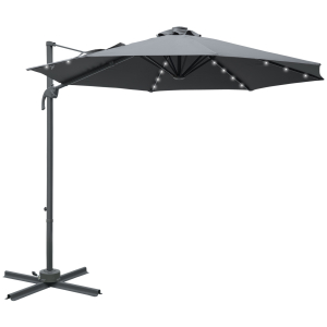 Outsunny 3(m) Cantilever Roma Parasol Patio Sun Umbrella with Crank & Tilt LED Solar Light Cross Base 360° Rotating Outdoor Dark Grey