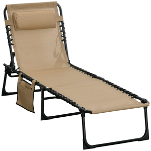 Outsunny Portable Sun Lounger Folding Camping Bed Cot Reclining Lounge Chair 5-position Adjustable Backrest w-Pillow for Garden Beach Pool Beige