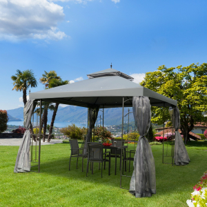 Outsunny 3(M)x3(M) Garden Gazebo Double Top Outdoor Canopy Patio Event Party Wedding Tent Backyard Sun Shade with Mesh Curtain-Grey