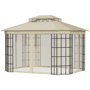 Outsunny 3.7x3(m) Patio Gazebo Canopy Garden Tent Shelter with 2 Tiers Roof and Mosquito Netting Metal Frame Beige