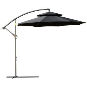 Outsunny 2.7m Garden Banana Parasol Cantilever Umbrella with Crank Handle Double Tier Canopy and Cross Base Black