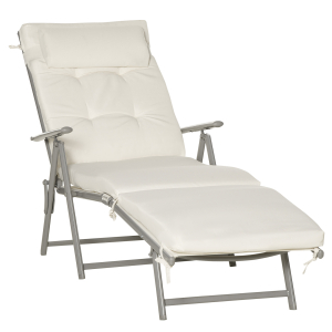 Outsunny Outdoor Patio Sun Lounger Garden Texteline Foldable Reclining Chair Pillow Adjustable Recliner with Cushion-Cream White
