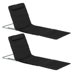 Outsunny Set of 2 Foldable Garden Beach Chair Mat Lightweight Outdoor Sun Lounger Seats Adjustable Back Metal Frame PE Fabric Head Pillow Black