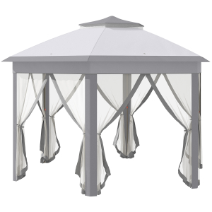 Outsunny Hexagon Patio Gazebo Pop Up Gazebo Outdoor Double Roof Instant Shelter with Netting 4mx4m Grey