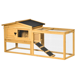 PawHut 2 Level Wooden Rabbit Bunny Guinea Pig Hutch w-Outdoor Run Water Resistant Roof Pull out Tray Ramp 150x52.5x68 cm Yellow
