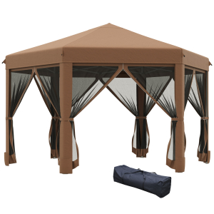 Outsunny 3.2m Pop Up Gazebo Hexagonal Canopy Tent Outdoor Sun Protection with Mesh Sidewalls Handy Bag Brown