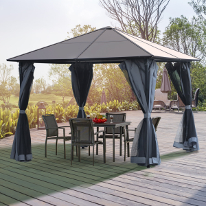 Outsunny 4x3(m) Garden Aluminium Gazebo Hardtop Roof Canopy Marquee Party Tent Patio Outdoor Shelter with Mesh Curtains & Side Walls-Grey