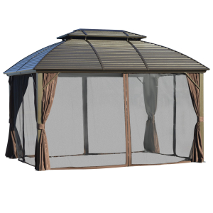 Outsunny 3.65x3(m) Hardtop Steel Gazebo Canopy for Patio Heavy Duty Outdoor Pavilion with Aluminum Alloy Frame Double Roof Brown