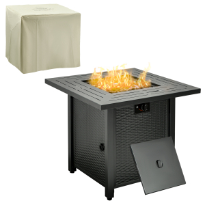 Outsunny Square Propane Gas Fire Pit Table 40000 BTU Rattan Smokeless Firepit Patio Heater w-Protective Cover Lava Rocks and Lid 71x71x62cm Black