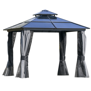 Outsunny 3x3(m) Polycarbonate Hardtop Gazebo Canopy with Double-Tier Roof and Aluminium Frame Garden Pavilion with Mosquito Netting and Curtains